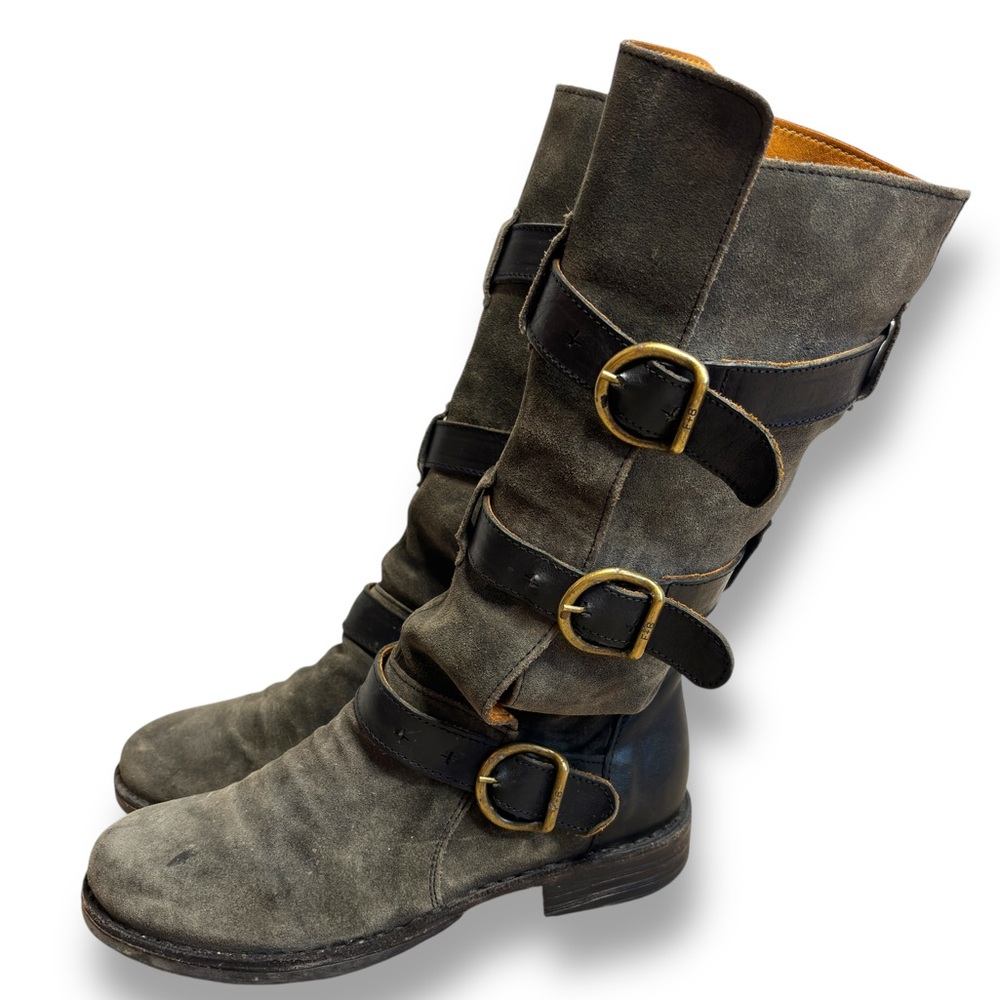 Fiorentini + Baker Eternity 7040 Gray Suede Black Leather Buckle Strap Boots‎ 6